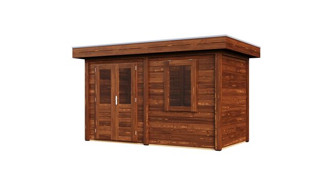 Högersida av förråd Gävle 3,9×2 m från Vykra – praktisk design i brunoljat trä