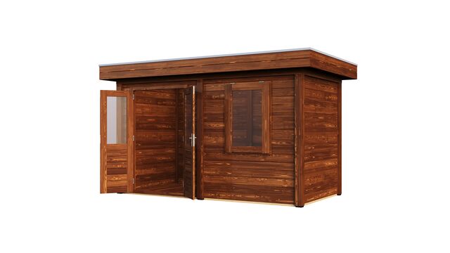 Högersida av förråd Gävle 3,9×2 m från Vykra – praktisk design i brunoljat trä