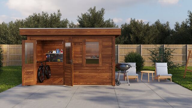 Förråd Gävle 3,9×2 m från Vykra – frontvy i trädgård med sittgrupp och cykel