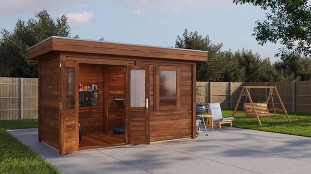 Förråd Gävle 3,9×2 m från Vykra – trädgårdsvy från vänster hörn med uteplats