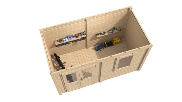 Vänstersida av förråd Gävle 3,9×2 m från Vykra – stilren form i obehandlat trä