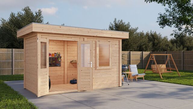 Förråd Gävle 3,9×2 m från Vykra – trädgårdsvy från vänster hörn med uteplats