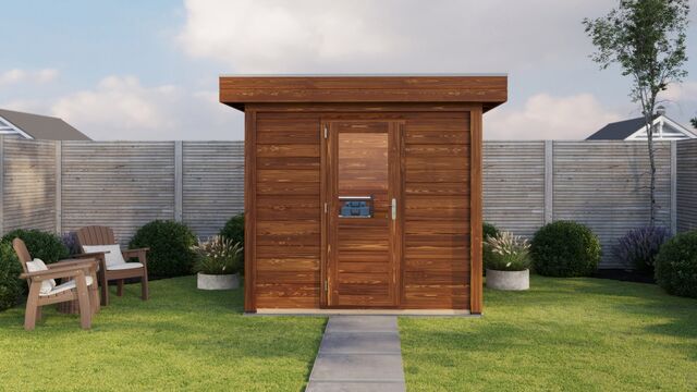 Förråd Göteborg 2,5×2 m från Vykra – sett framifrån med grill och trädgårdsmöbler i brun finish