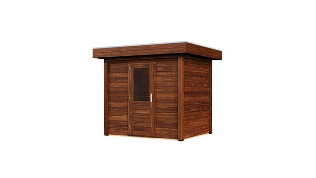 Vy från höger sida av förråd Göteborg 2,5×2 m från Vykra, tillverkat i brunoljat trä