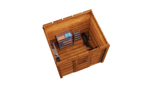 Bovenaanzicht van tuinhuis Göteborg 2,5×2 m van Vykra – compacte constructie in bruin geolied hout