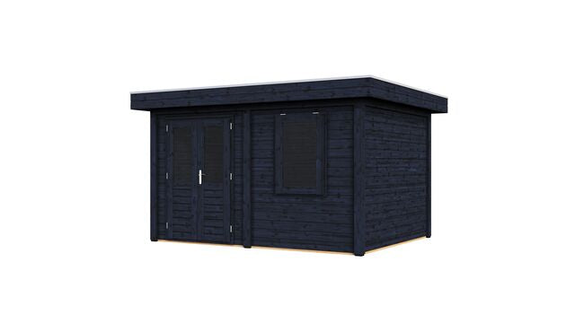 Vykra förråd Karlstad 3×3 m i svartoljat trä, vy från högra sidan