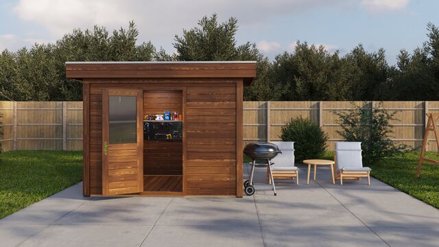 Förråd Linköping 3×2,5 m från Vykra – sidovy med sittgrupp och stenlagd gång i trädgård