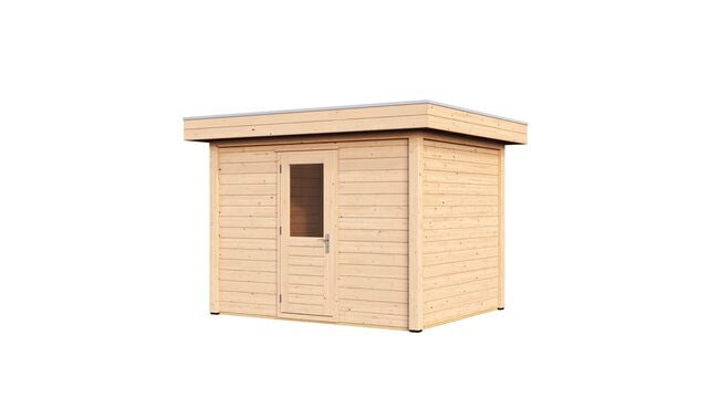 Vy från höger sida av förråd Linköping 3×2,5 m från Vykra, i obehandlat trä med dörr och fönster