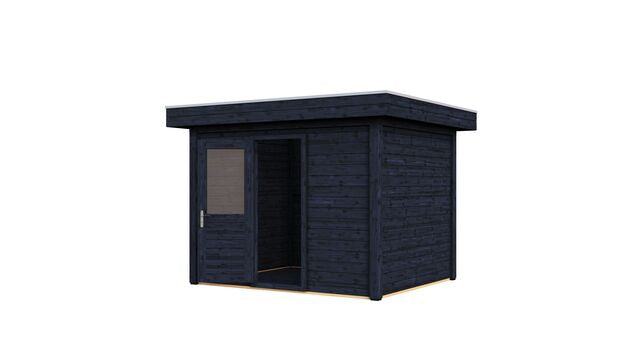 Vy från höger sida av förråd Linköping 3×2,5 m från Vykra, i svartoljat trä med dörr och fönster