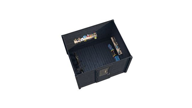 Överblick över förråd Linköping 3×2,5 m från Vykra – sett uppifrån med tydlig planlösning i svart träfinish