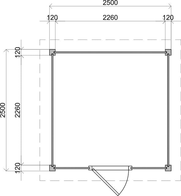 Teknisk ritning med exakta mått för förråd Malmö 2,5×2,5 m från Vykra
