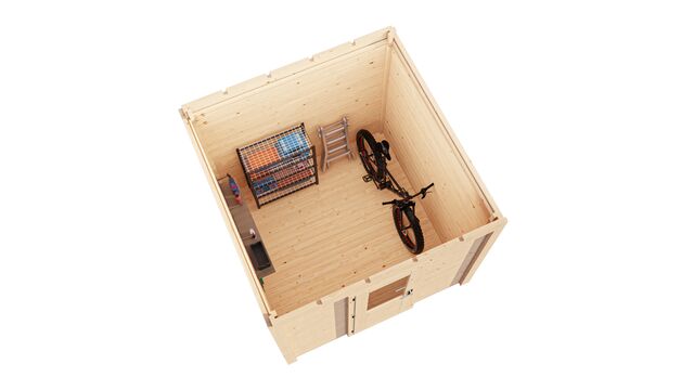 Överblick över förråd Malmö 2,5×2,5 m från Vykra – kompakt design i obehandlat trä