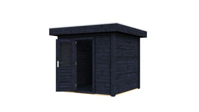 Vy från höger sida av förråd Malmö 2,5×2,5 m från Vykra, tillverkat i svartoljat trä