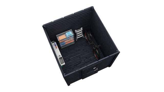 Överblick över förråd Malmö 2,5×2,5 m från Vykra – kompakt design i svartoljat trä