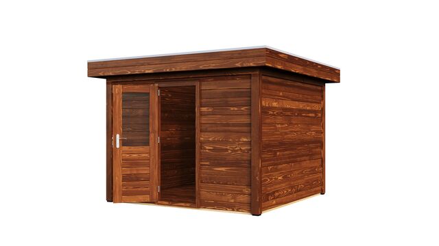 Vy från höger sida av förråd Norrköping 3×3 m från Vykra – kompakt design i brunoljat trä