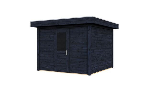 Vy från höger sida av förråd Norrköping 3×3 m från Vykra – kompakt design i svartoljat trä