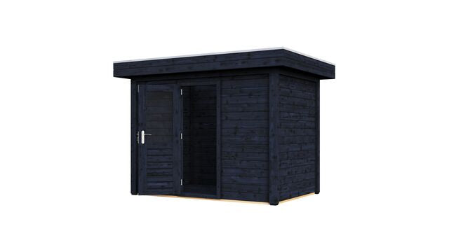 Vy från höger sida av förråd Örebro 3×2 m från Vykra, i svartoljat trä med fönster och dörr