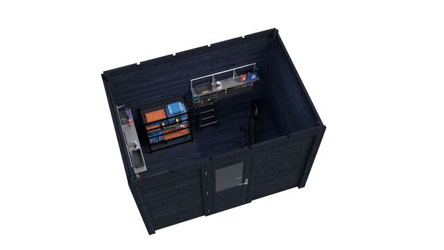 Överblick över förråd Örebro 3×2 m från Vykra – sett uppifrån med tydlig planlösning i svart finish