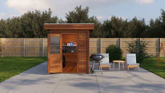 Förråd Stockholm 2×2 m från Vykra – sett framifrån med grill och trädgårdsmöbler i brun finish