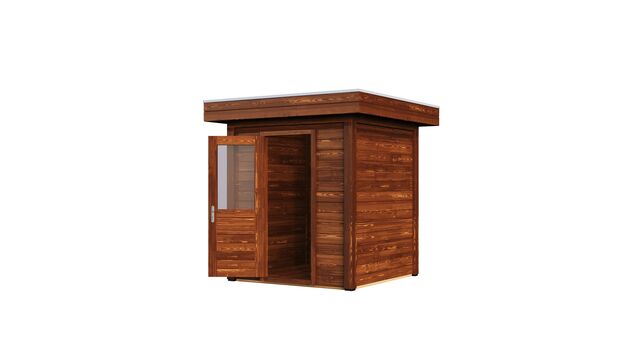 Vy från höger sida av förråd Stockholm 2×2 m från Vykra, tillverkat i brunoljat trä
