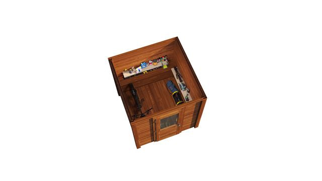 Överblick över förråd Stockholm 2×2 m från Vykra – kompakt design i brunoljat trä