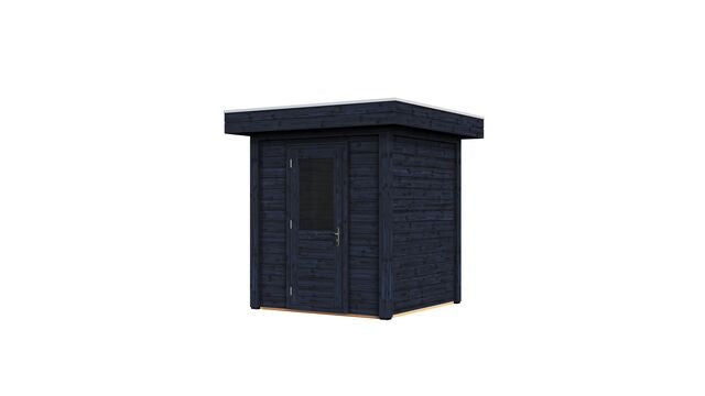 Vy från höger sida av förråd Stockholm 2×2 m från Vykra, tillverkat i svartoljat trä