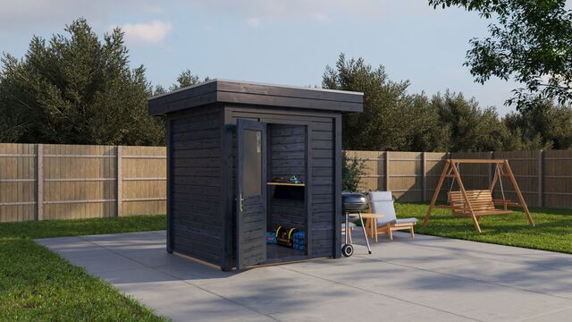 Förråd Stockholm 2×2 m från Vykra – sned vinkel från vänster sida med svartoljat trä i trädgårdsmiljö