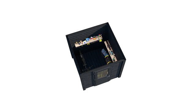 Överblick över förråd Stockholm 2×2 m från Vykra – kompakt design i svartoljat trä