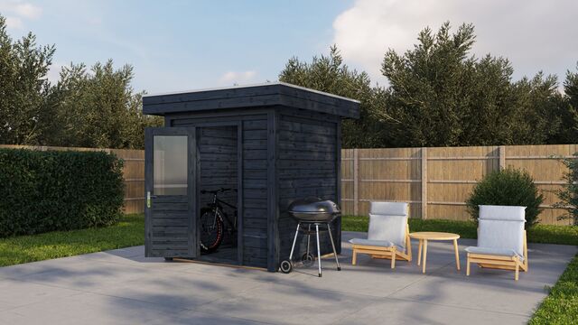 Förråd Stockholm 2×2 m från Vykra – svartoljat trä, framsida i modern trädgårdsmiljö med uteplats