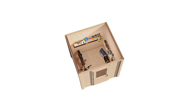 Överblick över förråd Stockholm 2×2 m från Vykra – kompakt design i obehandlat trä