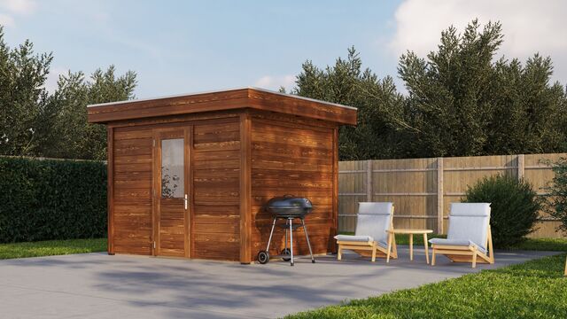 Förråd Linköping 3×2,5 m från Vykra – framsida med grill och uteplats i trädgården, brun finish