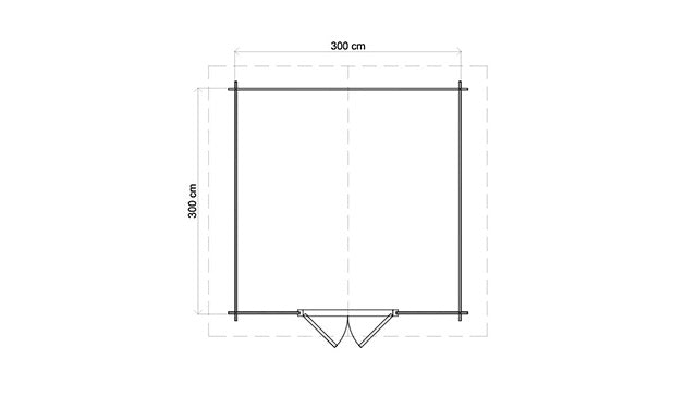 Förråd Eslöv - 3x3m (9kvm) - Brun Tryckimpregnerat – Teknisk ritning uppifrån som visar yttermått.