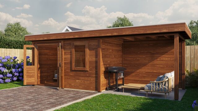 Trädgårdshus Eskilstuna 6,9×2,5 m från Vykra i brunoljat trä – trädgårdsmiljö med grill och utemöbler