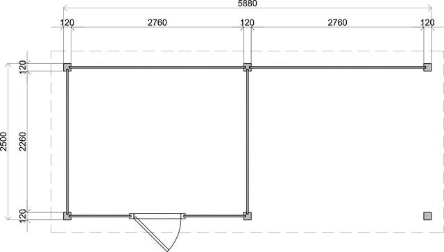 Teknisk ritning med exakta mått för trädgårdshus Helsingborg 6×2,5 m från Vykra