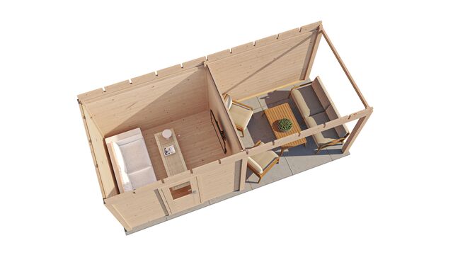 Överblick över trädgårdshus Helsingborg 6×2,5 m från Vykra – sett uppifrån med tydlig planlösning och möblerad terrass