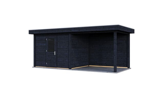 Vy från höger sida av trädgårdshus Helsingborg 6×2,5 m från Vykra, i svartoljat trä med dörr och takskydd