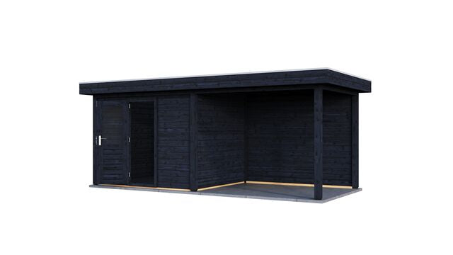 Vy från höger sida av trädgårdshus Helsingborg 6×2,5 m från Vykra, i svartoljat trä med dörr och takskydd