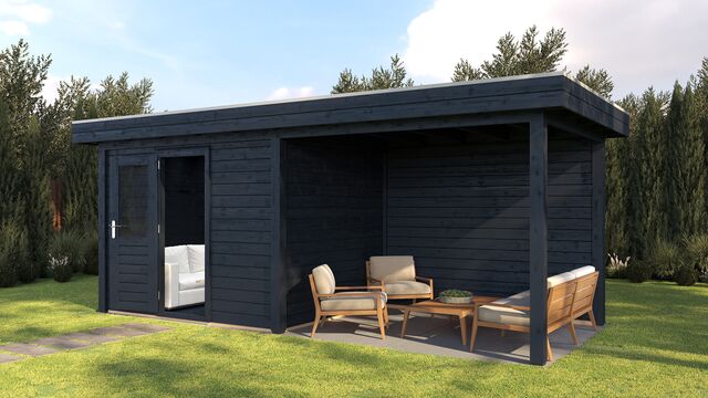 Trädgårdshus Helsingborg 6×2,5 m från Vykra – sidovy med sittgrupp och takskydd i svart finish