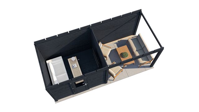 Överblick över trädgårdshus Helsingborg 6×2,5 m från Vykra – sett uppifrån med tydlig planlösning och möblerad altan