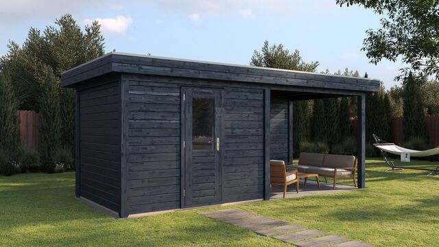 Trädgårdshus Helsingborg 6×2,5 m från Vykra – trädgårdsvy med helbild av huset i svart finish