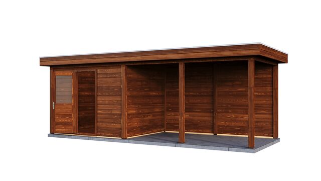 Vy från höger sida av trädgårdshus Jönköping 7×2,5 m från Vykra, med fönster och altan i brun finish