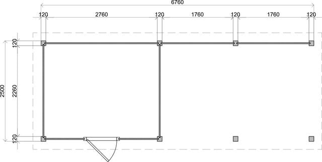 Teknisk ritning med exakta mått för trädgårdshus Jönköping 7×2,5 m från Vykra