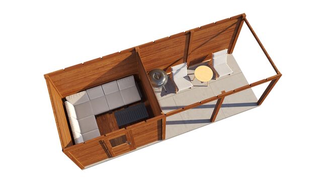 Överblick över trädgårdshus Jönköping 7×2,5 m från Vykra – sett uppifrån med altan och tydlig planlösning