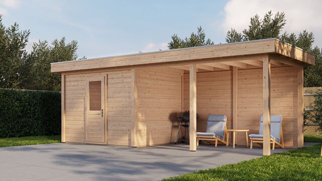 Trädgårdshus Jönköping 7×2,5 m från Vykra – vy från sidan med sittgrupp på terrassen