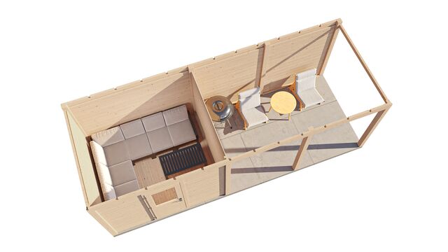 Överblick över trädgårdshus Jönköping 7×2,5 m från Vykra – sett uppifrån med altan och tydlig planlösning