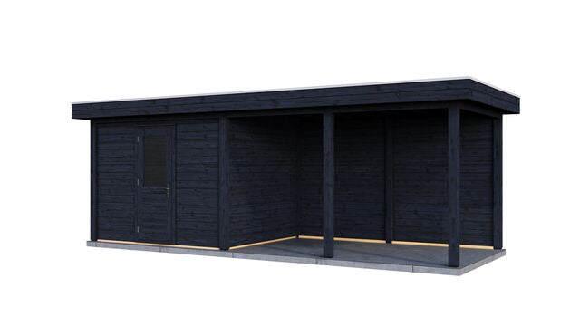 Vy från höger sida av trädgårdshus Jönköping 7×2,5 m från Vykra – svart trä med altan och fönster