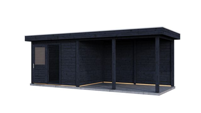 Vy från höger sida av trädgårdshus Jönköping 7×2,5 m från Vykra – svart trä med altan och fönster