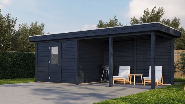 Trädgårdshus Jönköping 7×2,5 m från Vykra – sidovy med sittgrupp på altanen i svart finish