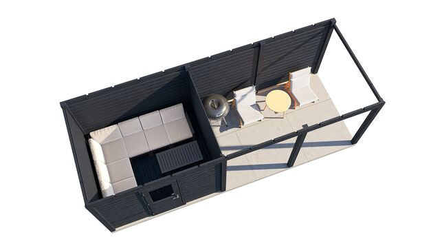 Överblick över trädgårdshus Jönköping 7×2,5 m från Vykra – sett uppifrån med altan och tydlig planlösning