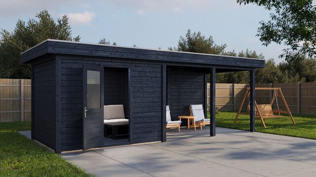 Trädgårdshus Jönköping 7×2,5 m från Vykra – trädgårdsvy med helbild av huset i svart finish